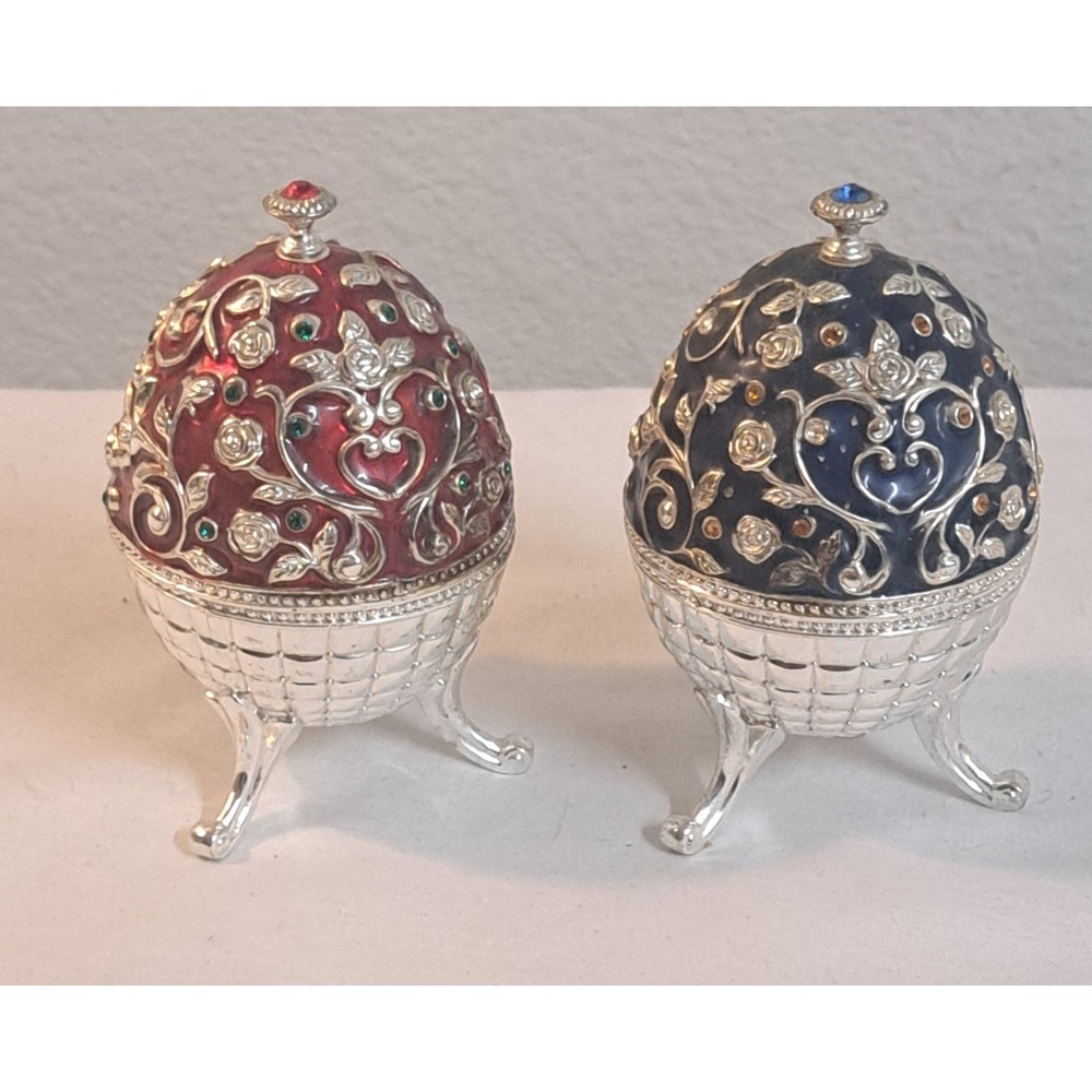 Pair Of Decorative Jeweled Egg Trinket Boxes Red Blue Enamel Hinged Jewelry